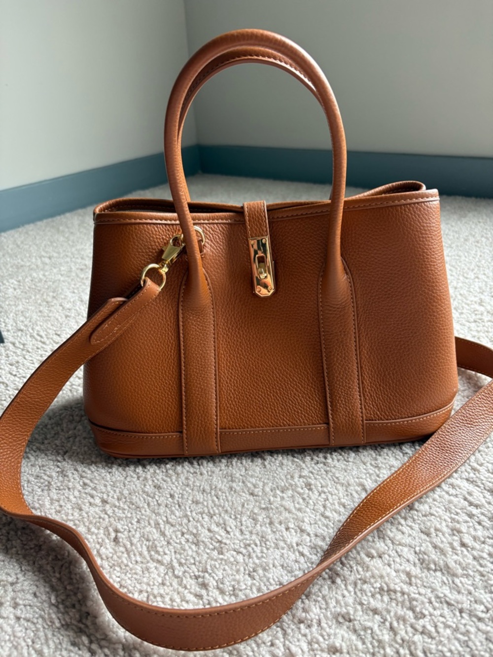 Classic Tan Leather Tote Bag with Gold Hardware